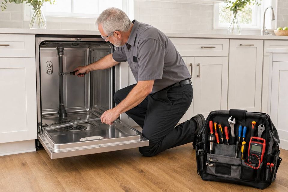 Reid at the sump of a pulled-out dishwasher with the racks removed