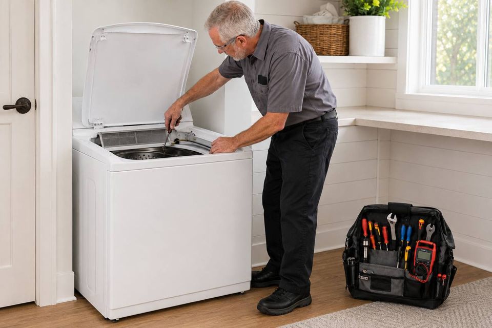 Reid with a top-load laundry machine&rsquo;s lid raised, checking the drive