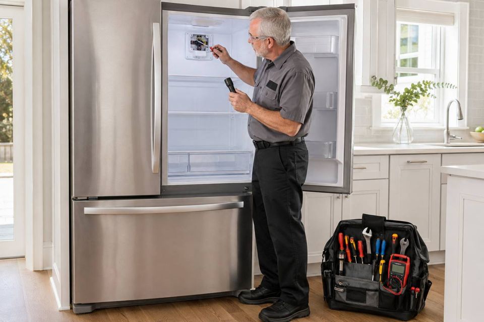 Reid metering the control housing inside an open French-door refrigerator