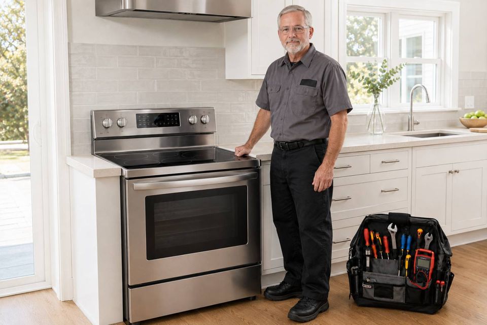 Reid beside a stainless electric range in a Charleston kitchen