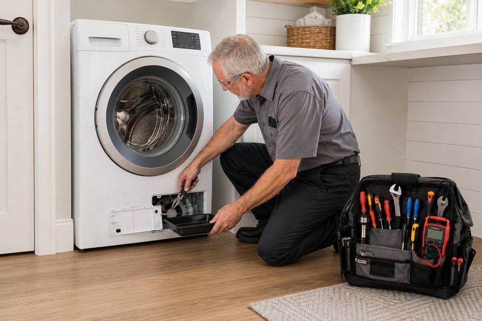 Reid draining a front-load washer&rsquo;s pump filter into a pan